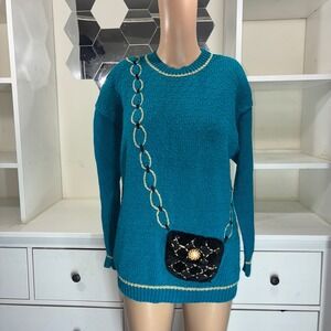 Claus Petites Teal Knit Sweater w Attached Faux Fur Mini Handbag Chain  Petite